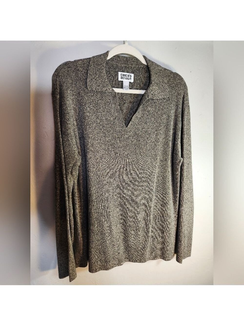 Chico's Heathered Gray/taupe Knit V-neck Linen/cotton Blend Top Sz 3